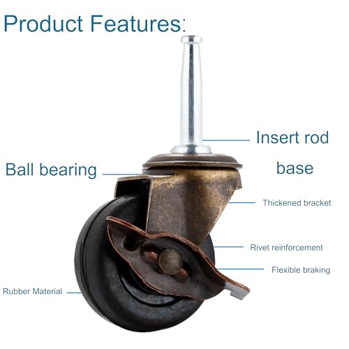 Antique Brass Casters Wheels 5/16" x 1-1/2" (8 x 38mm) Rubber Stem Casters Vintage Furniture Roller Casters (2.0 Inch Antique Caster with Brake) - style: 2.0 Inch Antique Caster with Brake