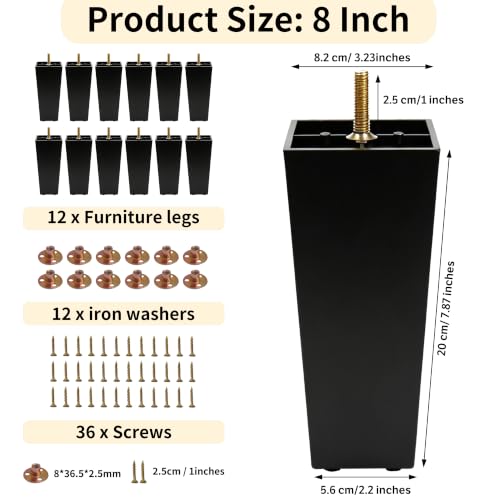 FabricJoy 12 Pack 8 Inch Plastic Furniture Legs Square Sofa Couch Legs Replacement Tapered Feet with M8 T-Nuts Screws for Legs Sofas Table Chairs Cabinets Dressers Beds - size: 8 inch
