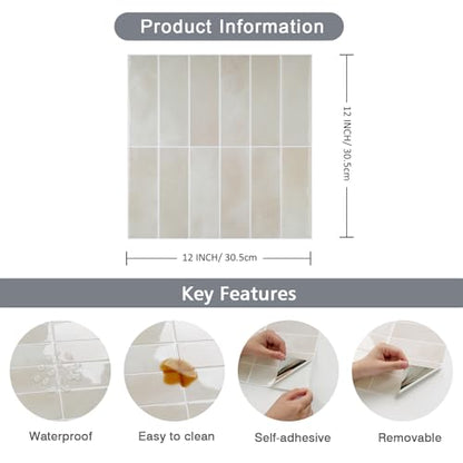 CHIHUT 16 Sheets Glossy Beige Peel and Stick Backsplash for Bathroom RV Self Adhesive Waterproof 3D Subway Kitchen Backsplash Tiles Removable Thicken Rectangle Vinyl Shower Wall Tile Sticker 12"X12" - color: Beige, size: 16 Tiles