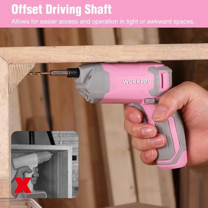 WORKPRO Pink Cordless Screwdriver Set, Rechargeable Eccentric Screwdriver