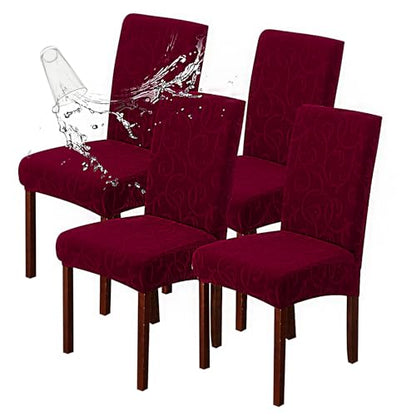 Waterproof Dining Room Chair Covers, Stretch Parsons Chair Slipcovers - color: Flower Pattern-wine Red, size: Regular-4 Pack