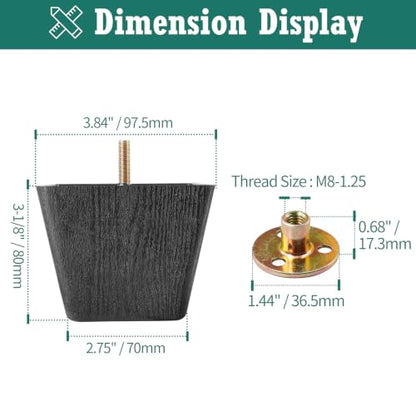 4pcs Plastic Square Legs 3" with Plate Nuts, M8-1.25 Bolt, Widen - size: 3 Inch, Widen, M8-1.25 Metric Bolts
