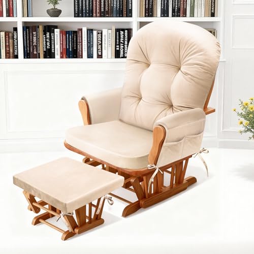 JZHLLA Glider Rocker Replacement Cushion Set with Storage Pockets Soft Flannel Fabric & High-Resilience Foam Non-Slip Back Rocking Chair Cushion for Living Room Rocking Chair(Beige) - color: Beige