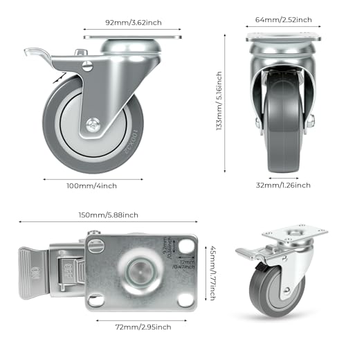 4 Inch Swivel Casters Set of 4 with 2 Brake, Heavy Duty Grey Polyurethane Wheels, 360-Degree Silent Smooth Rotation, 1100 lbs Capacity 4-Pack for Carts, Industrial Equipments, Workbench - style: 4 Inch