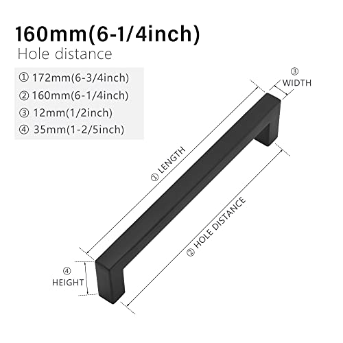 Cabinet Pulls Matte Black Cabinet Handles Square Drawer Pulls, 40 Pack 6-1/4 Inch Stainless Steel Kitchen Door Cupboard Cabinet Handles, Drawer Hardware Handles, 160mm Hole Centers - size: 6-1/4 inch Hole Centers(160mm)
