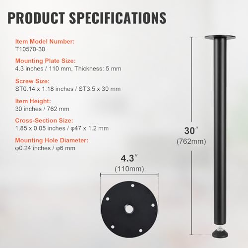 VEVOR 30 Inch Adjustable Desk Legs, Reinforced Steel Office Table Furniture Set of 4 for DIY, 1200 lbs Load Capacity Heavy Duty, Quick Installation with Adjustable Foot Cup Black - size: 30 inch/Straight