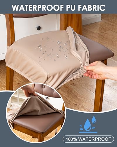 Genina Dining Chair Covers Set of 6, Waterproof PU Leather Dining Seat Covers Stretch Wipeable Dining Room Seat Cover Kitchen Chair Slipcover Protector (Rear-Covered Design, Khaki) - color: Khaki, size: Rear-Covered 6PCS