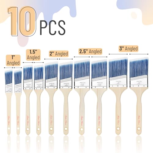 Bates Paint Brushes - 10 Pack Angle Brushes, 1", "1.5", "2", "2.5", "3" Inch, Treated Wood Handle for Walls, Furniture & Stain