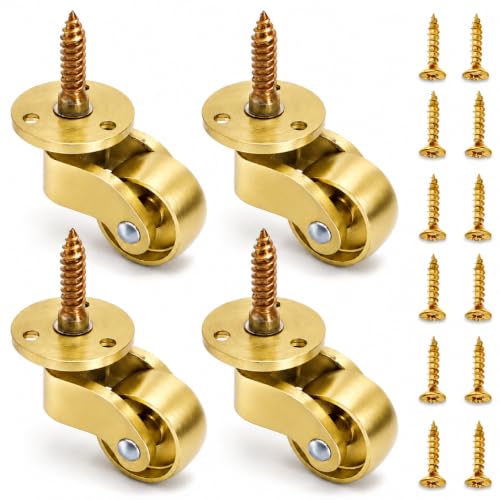 Goaste 4 Pieces Small Universal Brass Casters, 21mm Heavy Duty Stem Casters, 360 Degree Rotation Swivel Wheels, Movable Furniture Caster Replacements for Trunk Box, Cabinet, Trolley, Shoe Bins