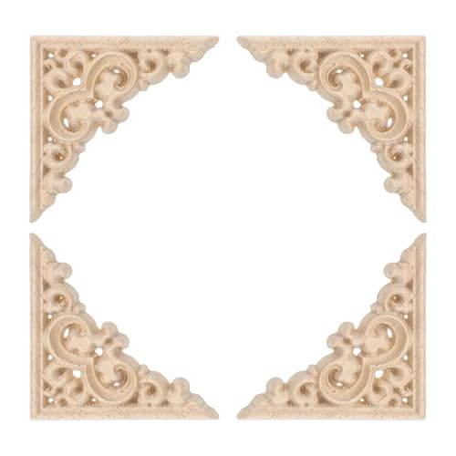 4PCS Wood Carved Applique Corner Onlay, Unfinished Wood Appliques Onlays, Corner Wooden Carvings Onlay Appliques, Furniture Applique for Cabinet, Door, Wardrobe, Mirror, Wall, Dresser (2.36x2.36 Inch)