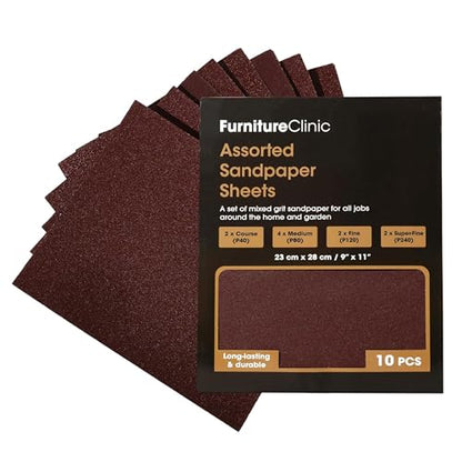 Furniture Clinic Sandpaper Sheets, Sand & Polish Wood Surfaces, 10 Pack - style: Sandpaper