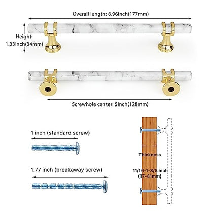 Rergy 10 Pack Cabinet Handles, White Marble & Polished Gold Pulls, 5" - color: White Marble & Gold, size: 5 inch (128mm) Hole Center