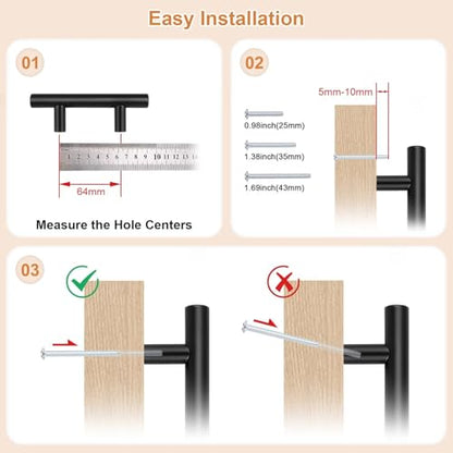 Probrico 30 Pack Holes Centers(64mm) 2.5inch Flat Black Kitchen Cabinet Pulls, Stainless Steel Dresser Drawer Handles, 4inch Length Modern T Bar Pull Handle for Bedroom - size: Center to Center: 2.5 inch