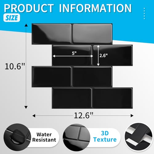 Art3d Faux Ceramic Subway Tile, Peel and Stick Backsplash, 10-Pack, Black - color: Black