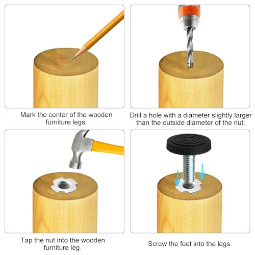 TOVOT 8PCS M10×1.5MM Furniture Leveling Feet 30MM Table Feet Screw on Adjustable Furniture feet Heavy Duty Levelers with T-Nuts for Chair Cabinet