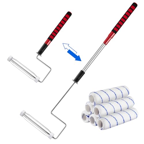 7Pcs House Paint Roller Kit, 9 inch Extendable Roller Frame with 6 Microfiber Roller Covers 1/2" Nap, Adjustable Painting Roller (18" - 36") for Walls, Ceilings, Floor, Home Painting Supplies