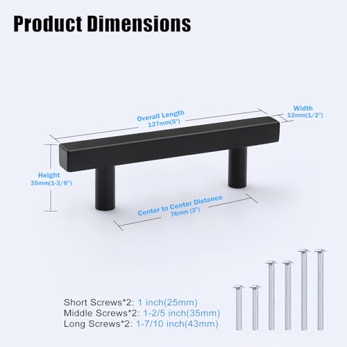 KNOBWELL 25 Pack 3 inch Cabinet Pulls Black, T Bar Stainless Steel Square Kitchen Cabinet Door Pulls Black Dresser Drawer Handles - color: Black, size: 3 inch(76mm)