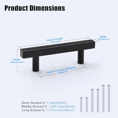 KNOBWELL 25 Pack 3 inch Cabinet Pulls Black, T Bar Stainless Steel Square Kitchen Cabinet Door Pulls Black Dresser Drawer Handles - color: Black, size: 3 inch(76mm)