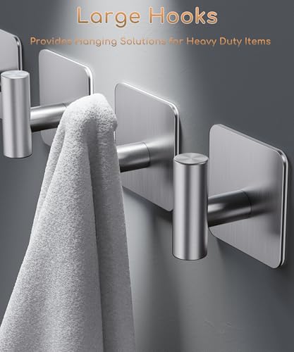 Aikzik 4 Pack Large Heavy Duty Wall Hooks - 26lb Max, Stainless Steel Adhesive Towel Hook, Shower Hooks for Hanging Towel, Coat, Robe, Wall Hook for Use in Bathroom, Kitchen and Door - color: Sliver