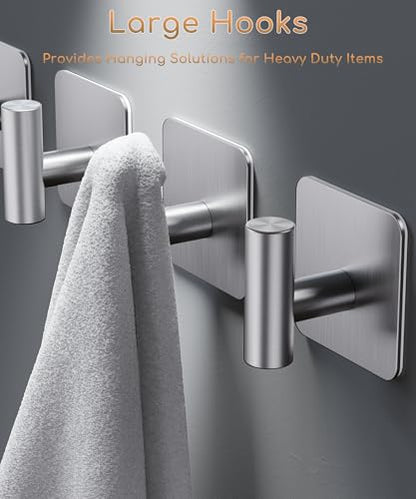 Aikzik 4 Pack Large Heavy Duty Wall Hooks - 26lb Max, Stainless Steel Adhesive Towel Hook, Shower Hooks for Hanging Towel, Coat, Robe, Wall Hook for Use in Bathroom, Kitchen and Door - color: Sliver