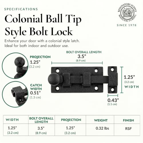 Renovators Supply Manufacturing Slide Bolt Latch 3.5 in. Black Wrought Iron Ball Tip Style Slide Bolt with Mounting Hardware - size: Pack of 1, style: 3.5 inch - Ball Tip