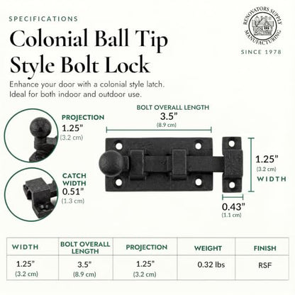 Renovators Supply Manufacturing Slide Bolt Latch 3.5 in. Black Wrought Iron Ball Tip Style Slide Bolt with Mounting Hardware - size: Pack of 1, style: 3.5 inch - Ball Tip