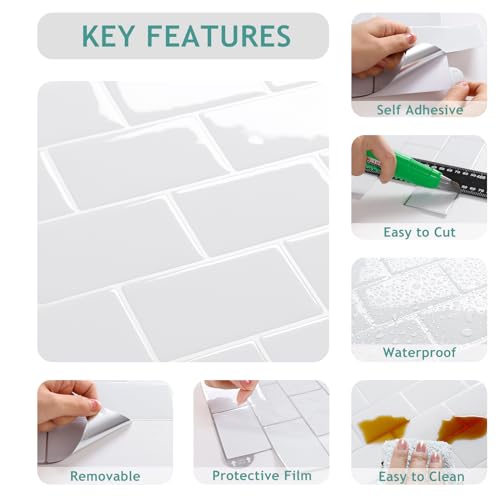 VEELIKE Subway Tile Peel and Stick Backsplash for Kitchen White Peel and Stick Wall Tile 12 Sheets 12''x12'' Waterproof Self Adhesive Vinyl Back Splash Stick on Tiles for Kitchen Bathroom Laundry Room - size: Box of 12 Tiles