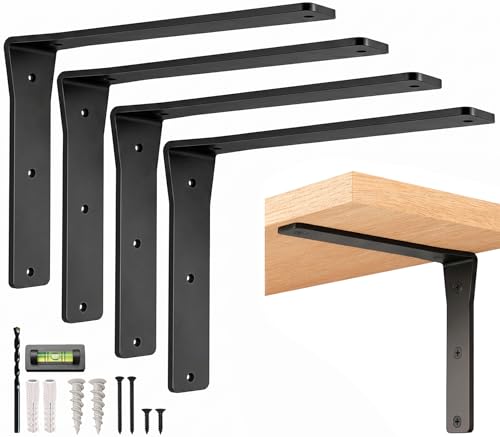 4 Pack Heavy Duty Shelf Brackets 12 Inch by Balin Designs – Decorative L Bracket for Shelves, Metal Shelf Support Bracket, Wall Mounted Countertop Iron Corbels, Floating Black Shelving Brackets - color: Black Viva, size: 12 Inch