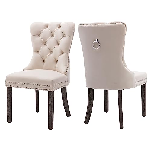 Beige Velvet Dining Chairs Set of 2, Elegant Tufted & Nailhead, Wood Legs - color: Beige, Wood Leg, size: set of 2