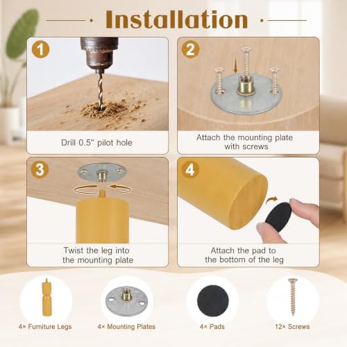 5.1 Inch wooden legs for furniture set of 4 Wood Furniture Legs Couch Feet Colorful Round Sofa Furniture Replacement Solid Wood Furniture Feet for Couch Bed Chair Cabinet Bookcase Dresser Ottoman - color: Yellow