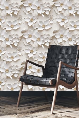 Peel and Stick Wallpaper Cream White Floral Small Art Deco - color: Cream&yellow, size: 17.7" x 78.7"