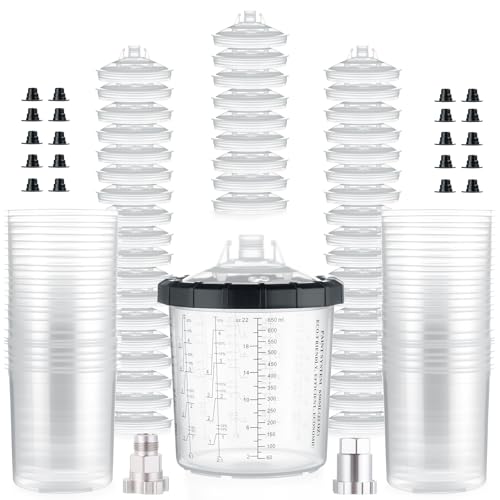 AEROPRO TOOLS Disposable Paint Cups Liners and Lid System, 50 Pack 22 Ounce (650ml) Kit for Spray Gun - 50 Liners, 50 Lids With Strainer, 1 Hard Cup With Retainer Ring, 20 Plugs, 2 Adapters - size: 22 oz (Standard)