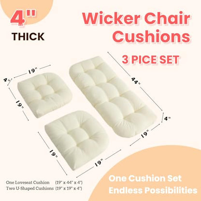 Wicker Chair Cushions 3 Piece Set, Waterproof Outdoor Cushion for Patio Furniture, Loveseat and U-Shaped Wicker Furniture Cushions, Beige - color: Beige