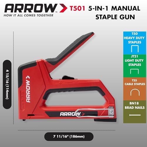 Arrow T501 5-in-1 Manual Staple and Nail Gun, Wire Stapler, and Brad Nailer for Wood, Upholstery, Construction, Insulation, Crafts, Fencing, and Cable, Black/Red - size: (Pack of 1)