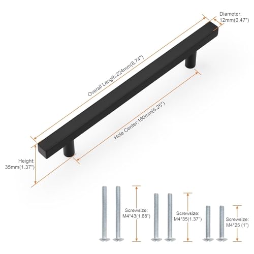 Probrico Matte Black Cabinet Handles & Pulls 6.3" CC Square 5Pack - color: Black, size: Hole Center: 160mm(6.3inch)