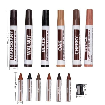 Repair Touch Up Kit,13Pcs Wood Scratch Restoration Set with 6 Touch Up Markers 6 Repair Crayons and Sharpener for Wooden Floors Doors and Furniture
