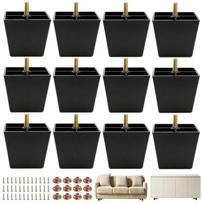 FabricJoy 12 Pack 3 Inch Plastic Furniture Legs Square Sofa Couch Legs Replacement Tapered Feet with M8 T-Nuts Screws for Legs Sofas Table Chairs Cabinets Dressers Beds - size: 3 inch