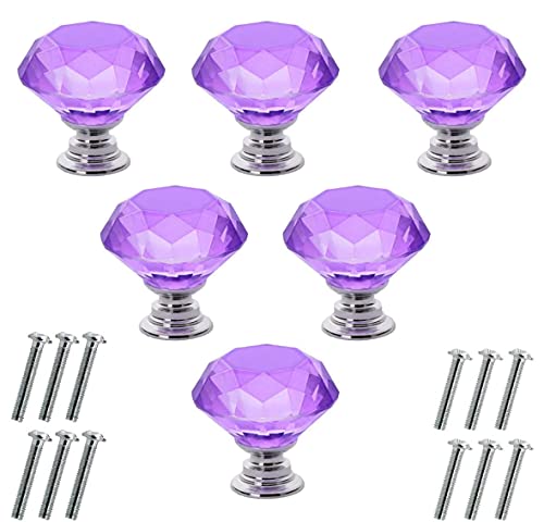 Akstore 6 Pcs Crystal Glass Cabinet Knobs 30mm Diamond Shape Drawer Kitchen Cabinets Dresser Cupboard Wardrobe Pulls Handles (30mm, Purple) - color: Purple, size: 30 mm