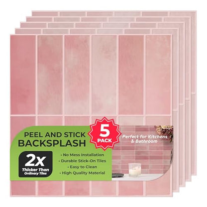 Select 5 Pack Peel and Stick Backsplash Square Tiles, 12x12 in, Pink - color: Pink, size: Rectangle Shape