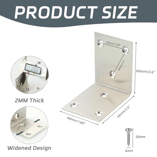 Alise 4Pcs Stainless Steel L Brackets Heavy Duty for Wood Furniture,Brushed - color: Brushed Nickel, size: 65x65MM