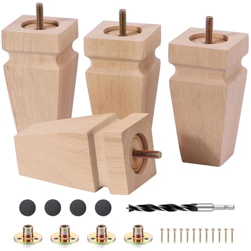 Unfinished Oak Sofa Legs - Heavy Duty Mid Century Solid Wood Replacement Furniture Legs Set of 4 for Couch, Table, Bench, Bed, Dresser, Chair - with Installation Hardware (Natural 5"H*2.75"W) - color: Plain Wood Color, size: 5"H*2.75"W