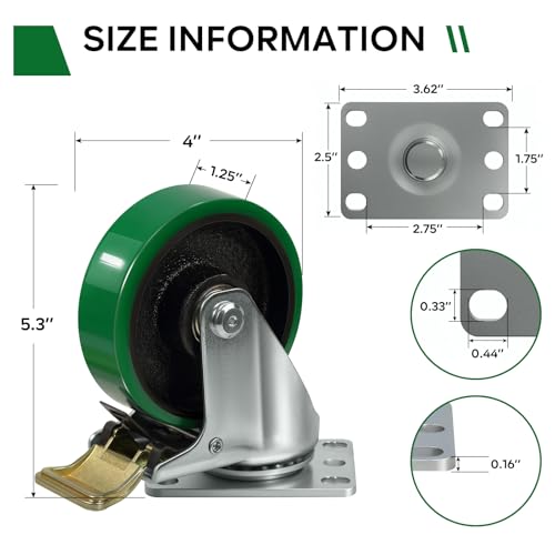 4" Industrial Caster Wheels, Heavy Duty Casters, Premium Thick Polyurethane Tread Cast lron Center, Non-Marking, for Cart, toolboxes, Set of 2,Total Load Capacity 900 LBS(2 Total Lock Brake) - style: 2 Total Lock Brake
