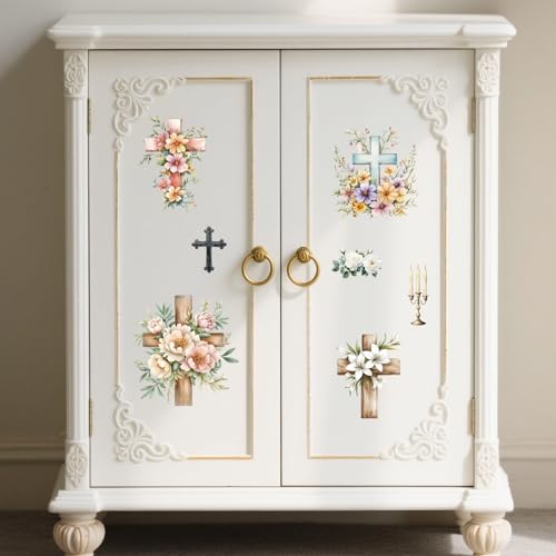 Peacoblue Flowers and Crosses Rub On Transfers for Furniture Craft 6"x12" - style: Flowers and Crosses