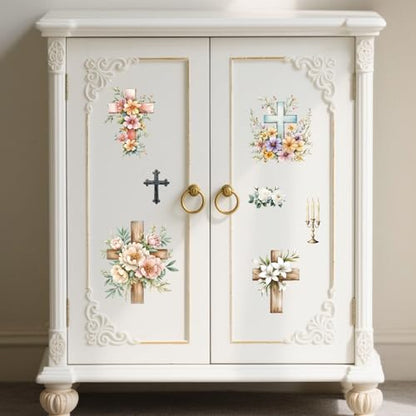 Peacoblue Flowers and Crosses Rub On Transfers for Furniture Craft 6"x12" - style: Flowers and Crosses