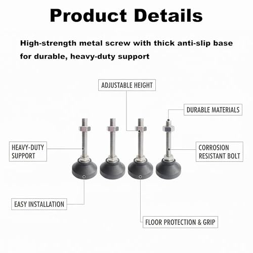 Adjustable M6 Furniture Leveling Feet 4PCS - 50mm Swivel Leg Levelers with Four-Claw Nuts, Anti-Skid Nylon Base & Stainless Steel Screws for Cabinets, Tables, Chairs, Workbench - 40kg Load Capacity