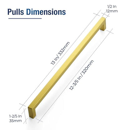 JOY DECOR Gold Cabinet Handles Square Cabinet Pulls 12-3/5 Inch CC, 10 Pack - size: 12-3/5 Inch Hole Center