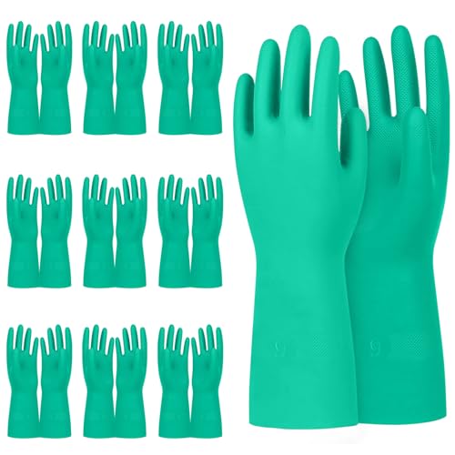 Beieverluck 10 Pairs Chemical Resistant Gloves, Reusable Heavy Duty Rubber Work Gloves, 12.6" Long Nitrile Gloves for Acid Alkali Oil Protection and Industrial Use Household, Large - size: Large