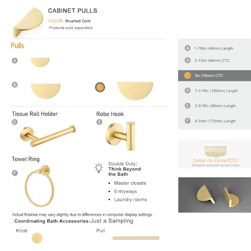QOGRISUN 5-Pack Solid Brass Gold Drawer Pulls, Half Moon Cabinet Handles - size: 3 Inch Hole Centers