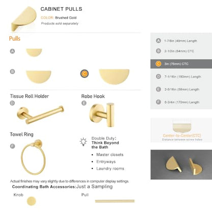 QOGRISUN 5-Pack Solid Brass Gold Drawer Pulls, Half Moon Cabinet Handles - size: 3 Inch Hole Centers