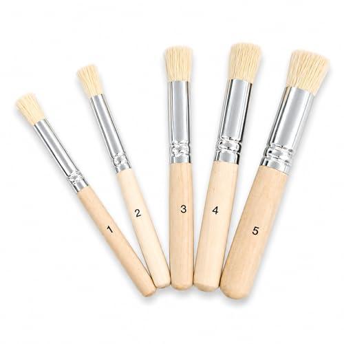 Set of 5 Round Stencil Brushes with Wood Handle, Natural Bristle Paint Mop Brush for Art Acrylic Painting, Chalk Paint, Watercolor, Fabric, Walls and Furniture